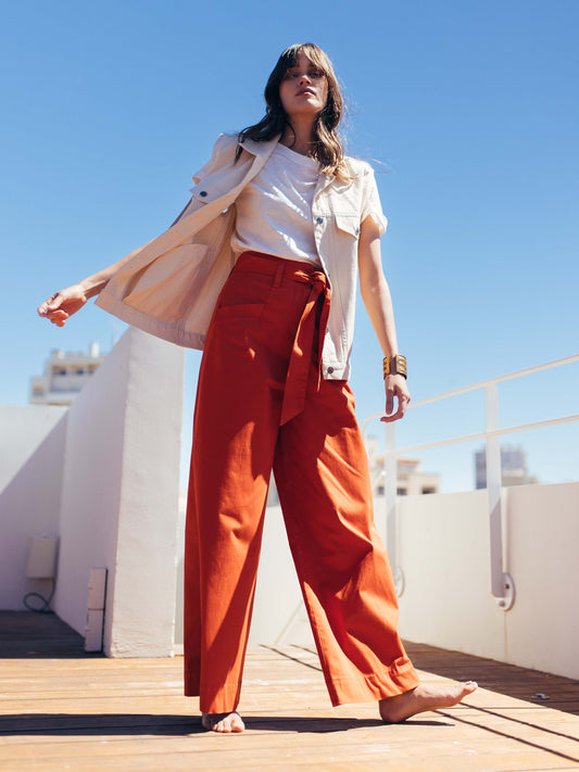 Wide Leg Trousers with Belt in Paprika