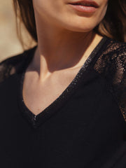 Limited Edition V Neck Tshirt with Lace Sleeves in Black