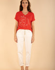 Embroidered V Neck T-Shirt in Terracotta