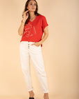 Embroidered V Neck T-Shirt in Terracotta