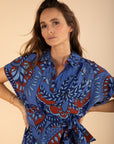 Printed Shirt-Collar Dress in Blue