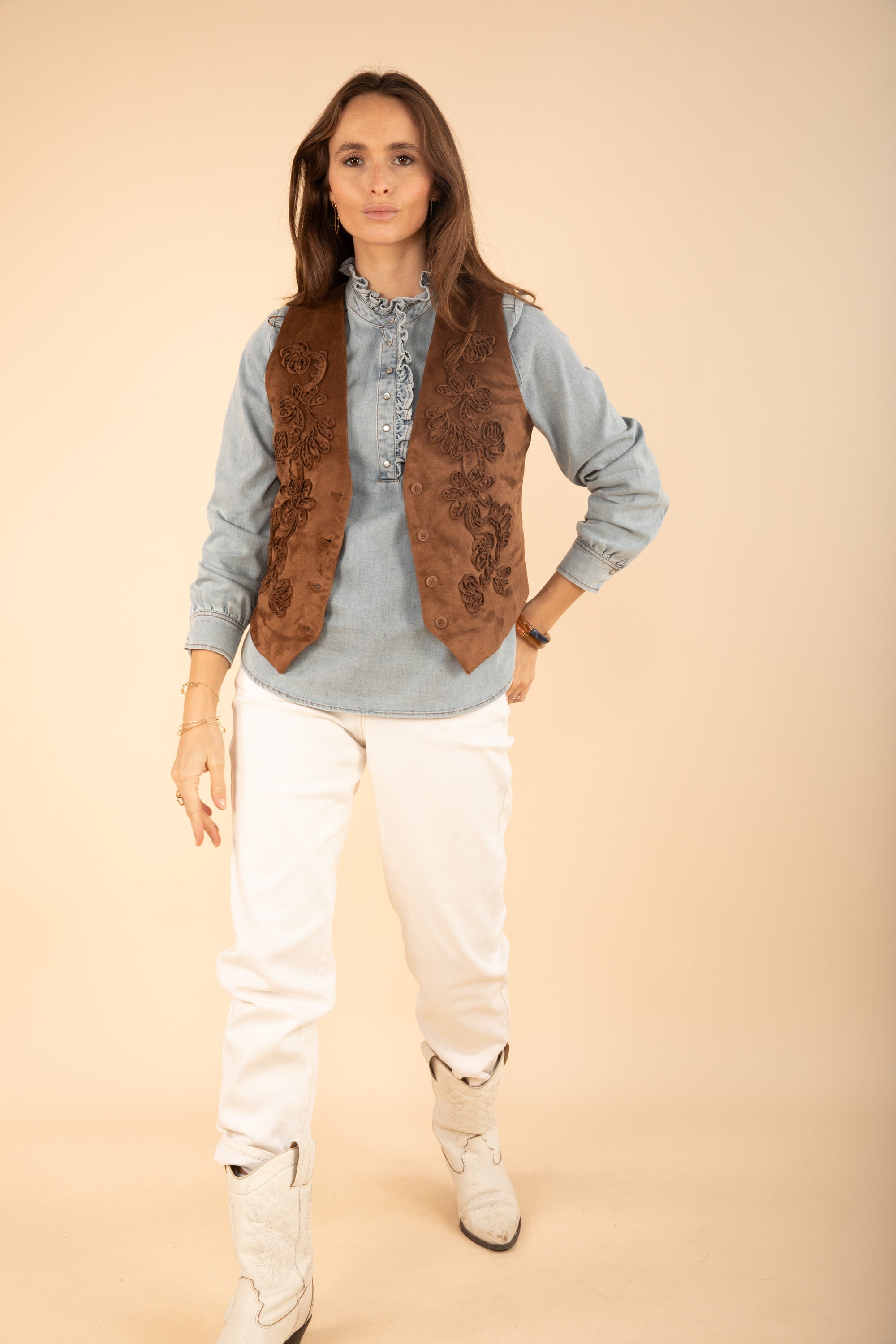 Ruffled Light Denim Blouse