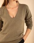 V-neck Jumper with Pockets in Khaki
