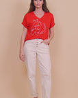 Embroidered V Neck T-Shirt in Terracotta