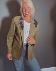 Straight Embroidered Jacket in Olive Green