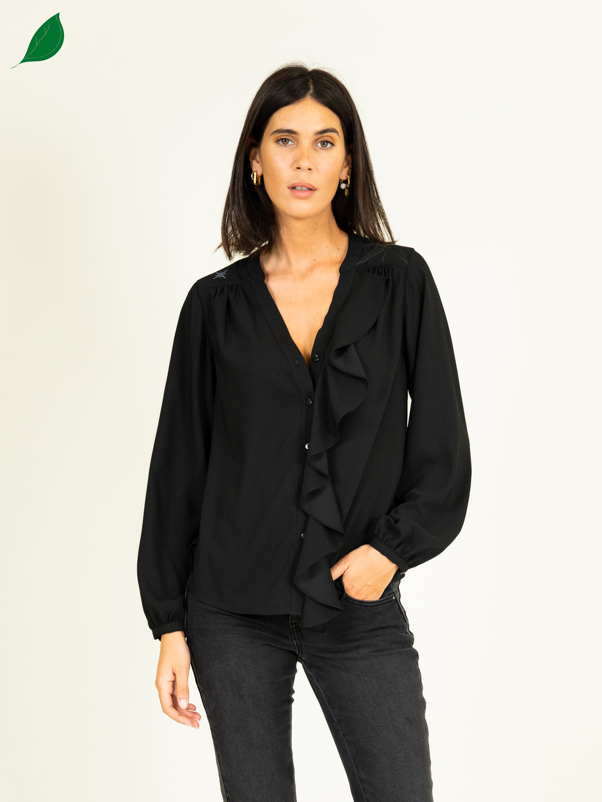 Ruffle Shirt with Embroidery in Black