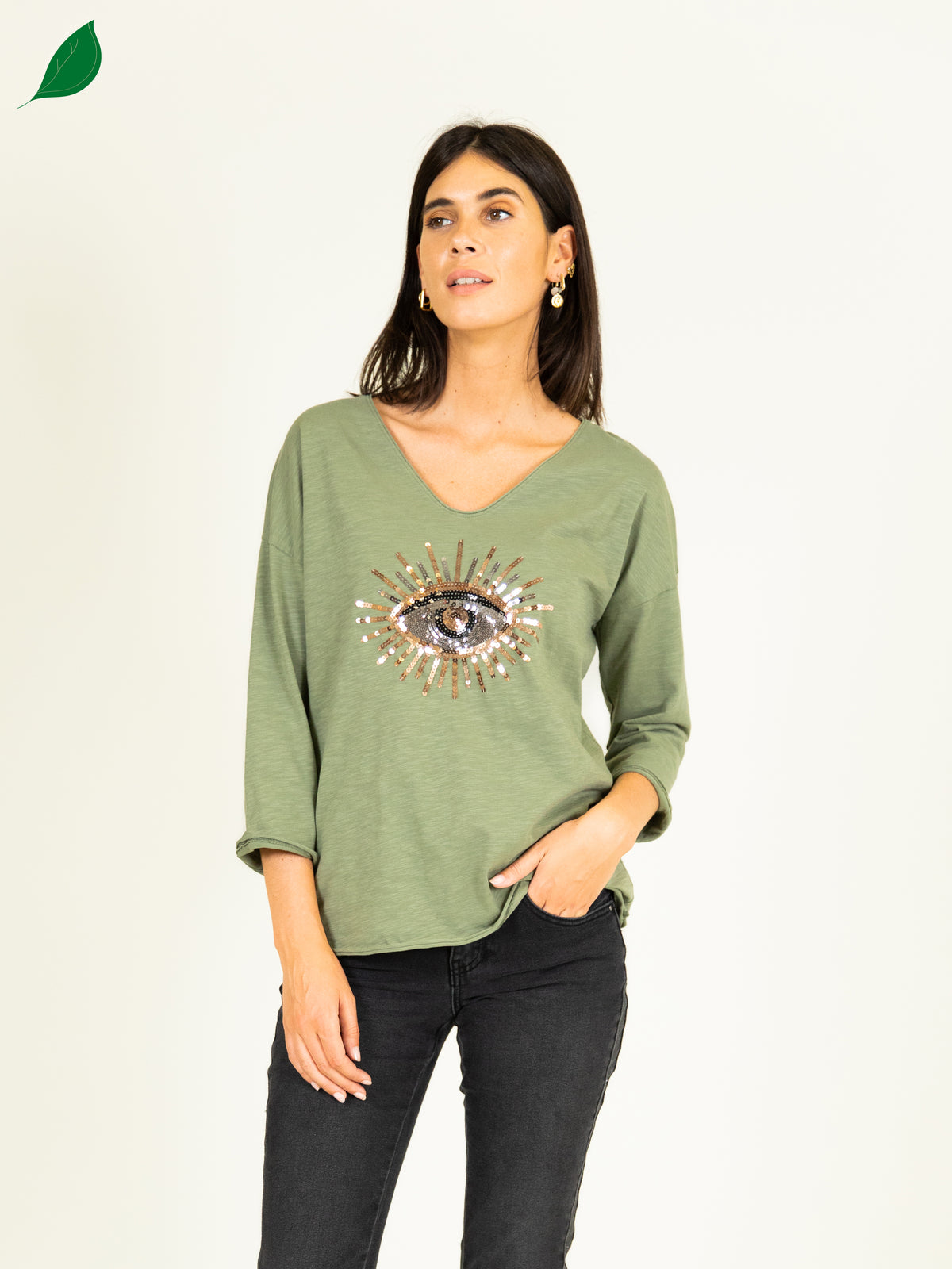 Sequined T-Shirt in Khaki