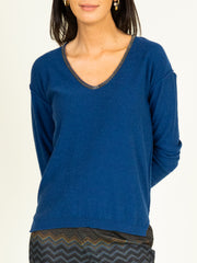 Silver Trim V Neck Jumper in Sapphire