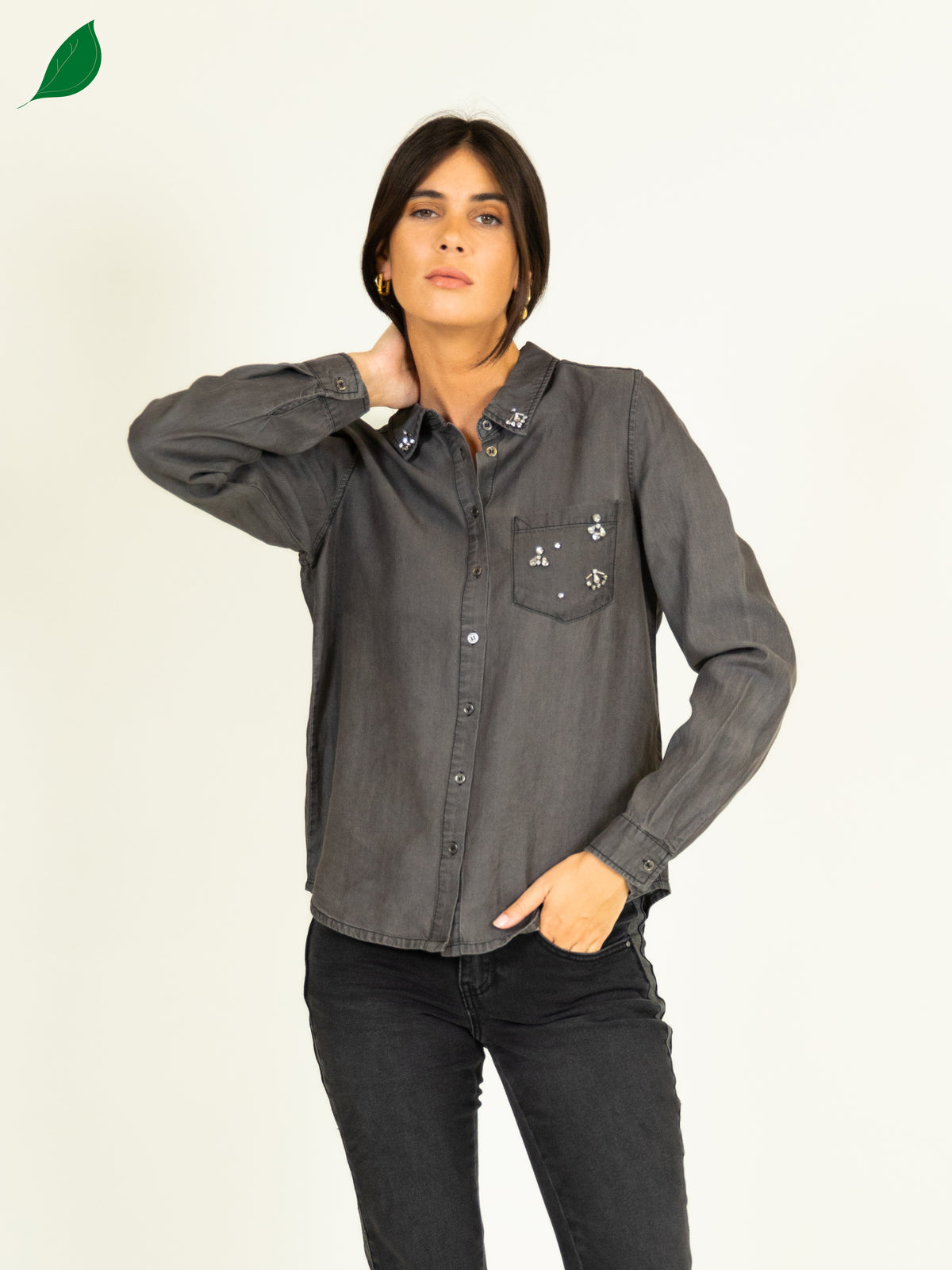 Tencel Shirt with Jewelled Detail in Grey Denim