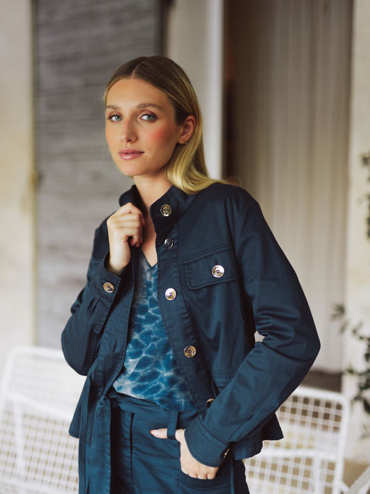 Drawstring Waist Utility Jacket in Navy