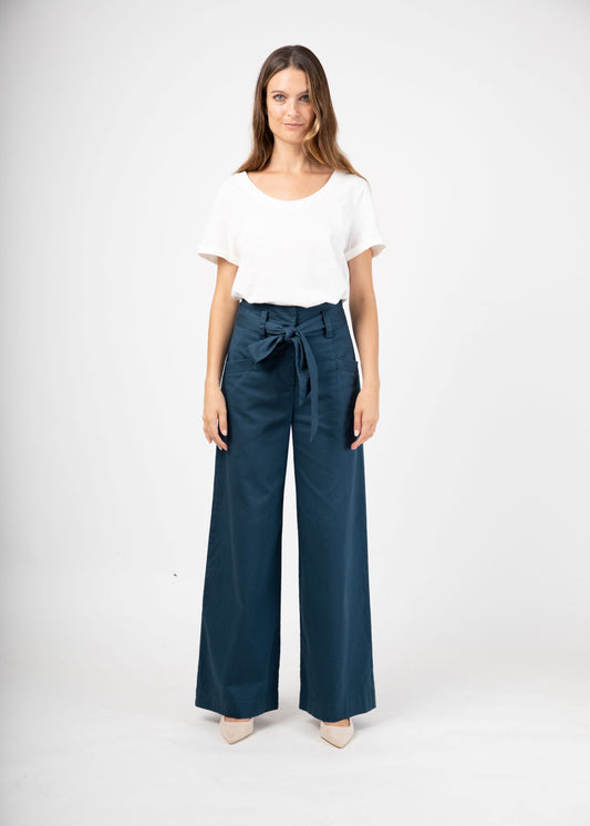 Wide Leg Trousers with Belt in Navy